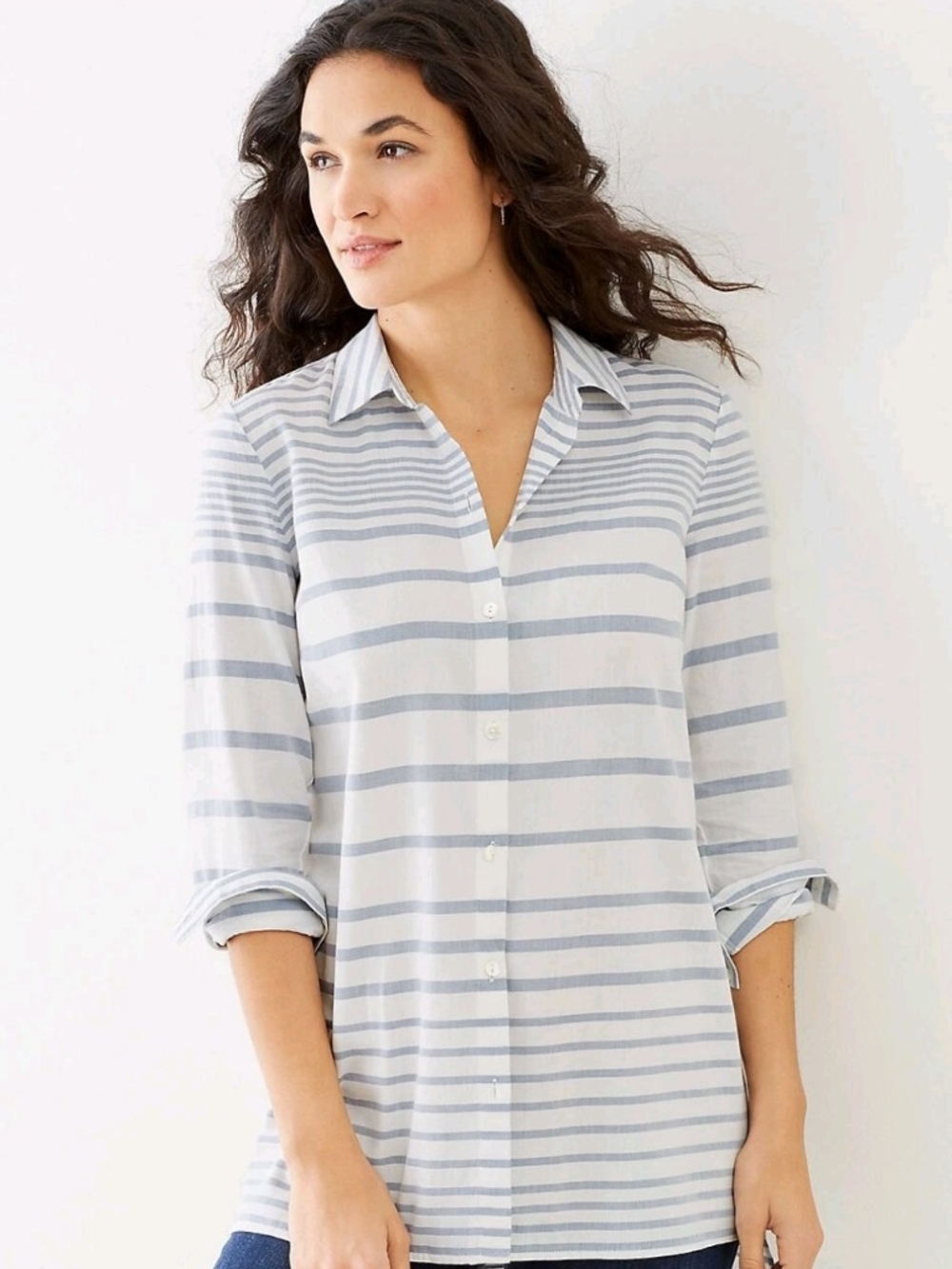 J. Jill 100% Cotton Soft Blue and White Striped Button-Down Shirt Size L -EUC